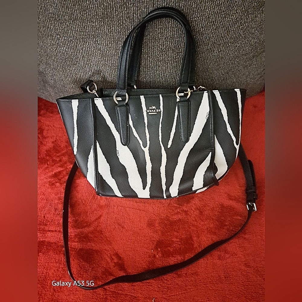 Coach Crosby Mini Carryall in Zebra Printed Leather Handbag 33525 Black White